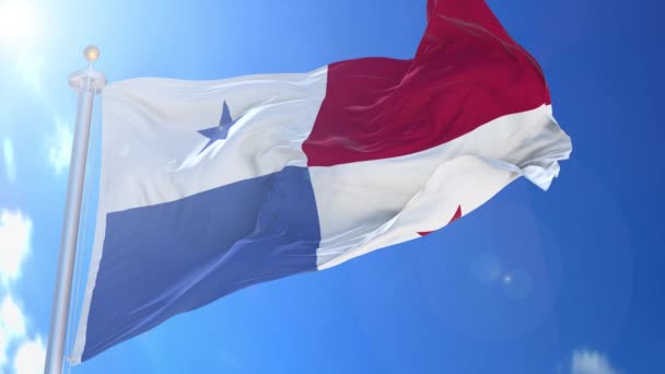 Панама Анимированный Флаг Ветру Голубым Небом Фоне Зеленый Экран Синий — стоковое видео