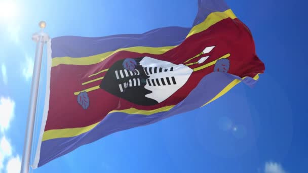 Drapeau Animé Swaziland Dans Vent Avec Ciel Bleu Arrière Plan — Video