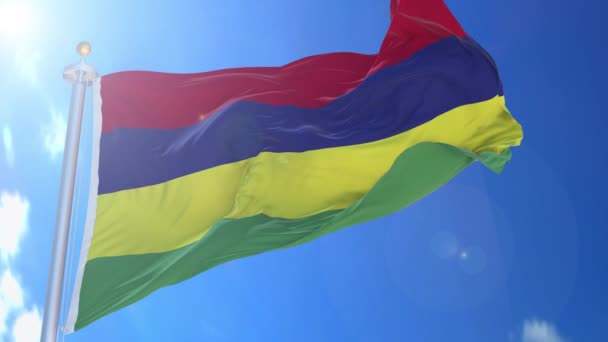 Mauritius Animated Flag Wind Blue Sky Background Green Screen Blue — Stock Video