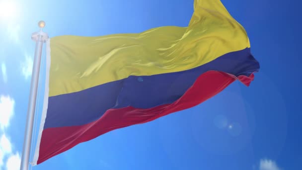 Колумбия Анимированный Флаг Ветру Голубым Небом Заднем Плане Зеленый Экран — стоковое видео