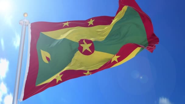 Гренада Анимированный Флаг Ветру Голубым Небом Заднем Плане Зеленый Экран — стоковое видео
