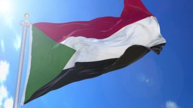 Arka planda mavi gökyüzü, mavi ekran, mavi ekran veya izole arkaplan ve arka planda bayrak bulunan Sudan animasyon bayrağı hepsi tek bir animasyon sırt çantasında.