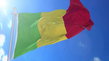 Arka planda mavi gökyüzü, mavi ekran, mavi ekran veya izole arkaplan ve arka planda bayrak bulunan Mali animasyon bayrağı, hepsi tek bir animasyon bayrak paketinde.