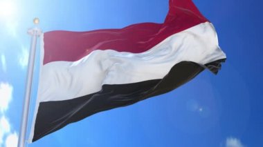 Arka planda mavi gökyüzü, mavi ekran, mavi ekran veya izole arkaplan ve arka planda bayrak bulunan Yemen animasyon bayrağı hepsi tek bir animasyon sırt çantasında.