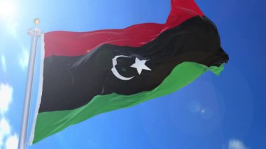 Arka planda mavi gökyüzü, mavi ekran, mavi ekran veya izole arkaplan ve arka planda bayrak bulunan Libya animasyon bayrağı hepsi tek bir animasyon sırt çantasında.