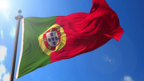 Portogallo Bandiera Animata Nel Vento Con Cielo Blu Sullo Sfondo — Video Stock