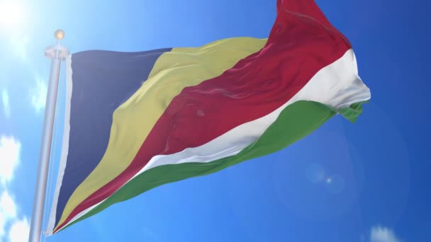 Seychellen Geanimeerde Vlag Wind Met Blauwe Lucht Achtergrond Groen Scherm — Stockvideo