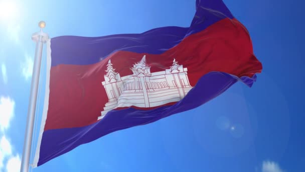 Kambodža Animovaná Vlajka Větru Modrou Oblohou Pozadí Zelená Obrazovka Modrá — Stock video