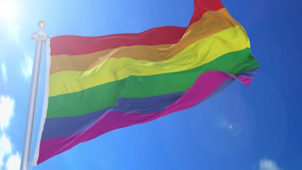 Gay Pride Animerad Flagga Vinden Med Blå Himmel Bakgrunden Grön — Stockvideo