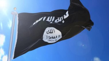 İsis İslam Devleti rüzgarda canlanan bayrak, arka planda mavi gökyüzü, yeşil ekran, mavi ekran veya izole arkaplan ve arka planda bulunan bayrak, hepsi tek bir hareketli bayrak paketinde.