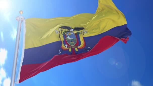 Bendera Animasi Ekuador Dalam Angin Dengan Langit Biru Latar Belakang — Stok Video