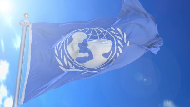 Unicef Dětský Fond Organizace Spojených Národů Animovaná Vlajka Větru Modrou — Stock video