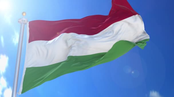 Maďarsko Animovaná Vlajka Větru Modrou Oblohou Pozadí Zelená Obrazovka Modrá — Stock video