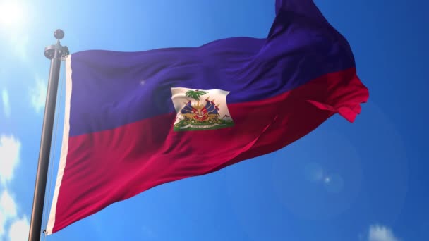 Haití Bandera Animada Viento Con Cielo Azul Fondo Pantalla Verde — Vídeos de Stock