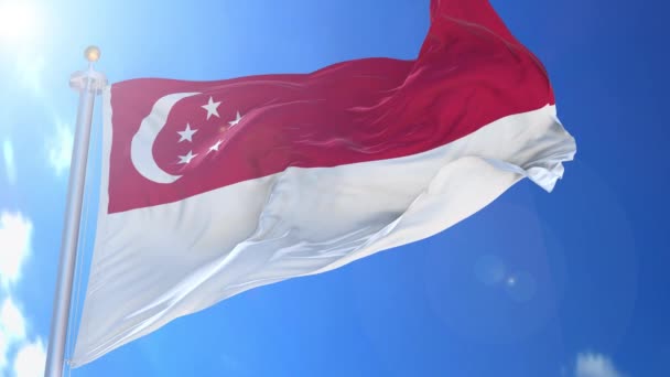 Singapore Geanimeerde Vlag Wind Met Blauwe Lucht Achtergrond Groen Scherm — Stockvideo