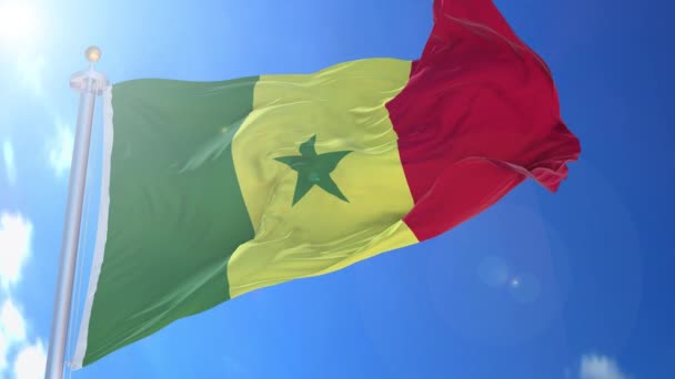 Сенегал Анимированный Флаг Ветру Голубым Небом Фоне Зеленый Экран Синий — стоковое видео