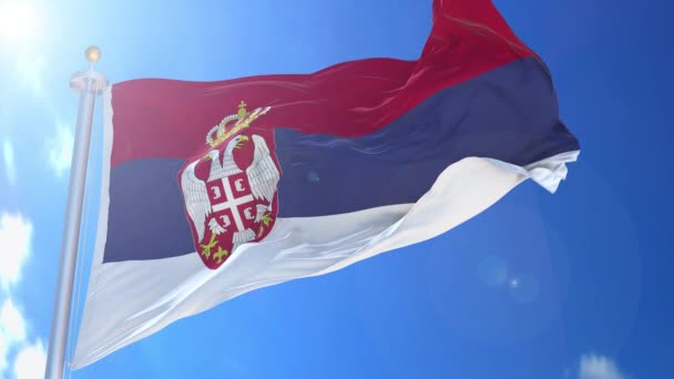 Сербия Анимированный Флаг Ветру Голубым Небом Фоне Зеленый Экран Синий — стоковое видео