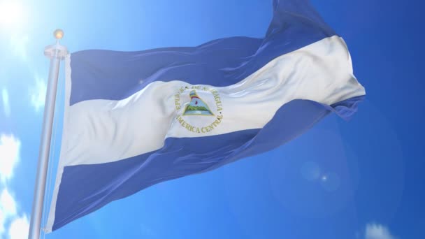 Drapeau Animé Nicaragua Dans Vent Avec Ciel Bleu Arrière Plan — Video