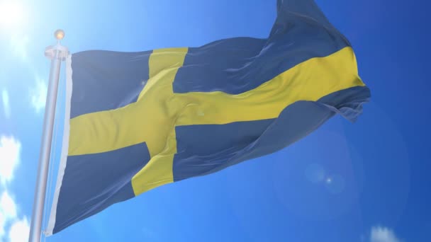 Švédsko Animované Vlajky Větru Modrou Oblohou Pozadí Zelená Obrazovka Modrá — Stock video