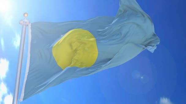 Palau Animovaná Vlajka Větru Modrou Oblohou Pozadí Zelená Obrazovka Modrá — Stock video