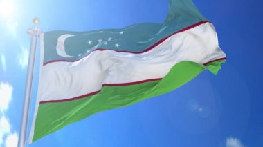 Arka planda mavi gökyüzü, mavi ekran, mavi ekran veya izole arkaplan ve arka plandaki bayrak, hepsi tek bir hareketli bayrak paketi içinde, rüzgarda asılı duran Özbekistan canlandırma bayrağı.