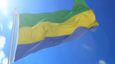 Gabon rüzgarda hareketli bayrak, arka planda mavi gökyüzü, yeşil ekran, mavi ekran veya izole arkaplan ve arka planda bayrak, hepsi bir animasyon bayrak paketinde.