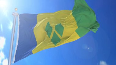 Saint Vincent ve Grenadines animasyon bayrağı rüzgarda, arka planda mavi gökyüzü, yeşil ekran, mavi ekran veya izole arkaplan ve arka planda bayrak hepsi bir animasyon bayrağında.
