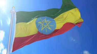 Arka planda mavi gökyüzü, mavi ekran, mavi ekran ya da izole arkaplan ve arka plandaki bayrak hepsi tek bir hareketli bayrak içinde Etiyopya 'nın canlandırılmış bayrağı..