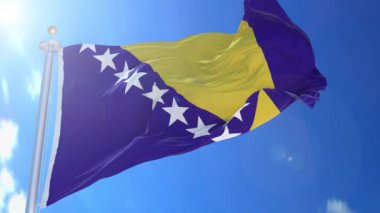 Bosna-Hersek 'in canlandırılmış bayrağı, arka planda mavi gökyüzü, yeşil ekran, mavi ekran veya izole arkaplan ve arka plandaki bayrak, hepsi tek bir hareketli bayrak paketinde.