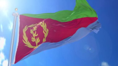 Eritre hareketli bayrak rüzgarda, arka planda mavi gökyüzü, yeşil ekran, mavi ekran veya izole arkaplan ve arka planda bayrak, hepsi tek bir animasyon bayrak paketinde.