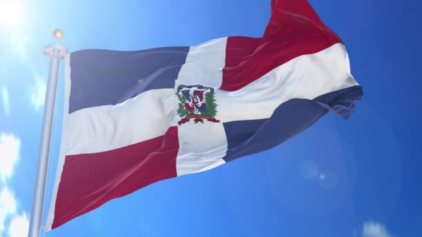 Bandera República Dominicana Animada Viento Con Cielo Azul Fondo Pantalla — Vídeo de stock