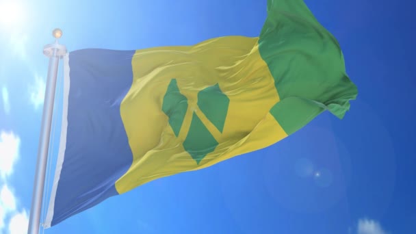Άγιος Βικέντιος Και Γρεναδίνες Κινούμενη Σημαία Στον Άνεμο Μπλε Ουρανό — Αρχείο Βίντεο