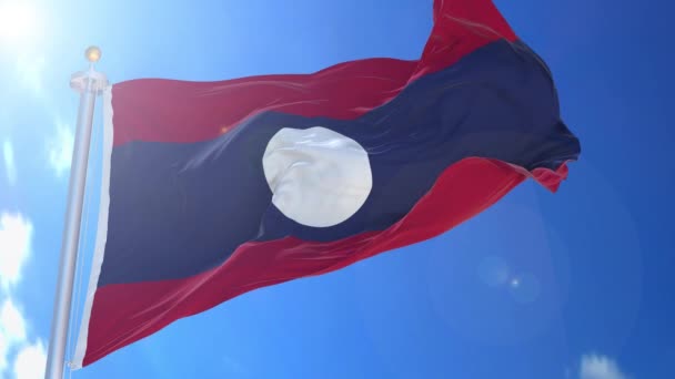 老挝的动画国旗在风中飘扬 蓝天为背景 蓝屏或孤立的背景 国旗在整个背景 都在一个动画国旗包中 — 图库视频影像