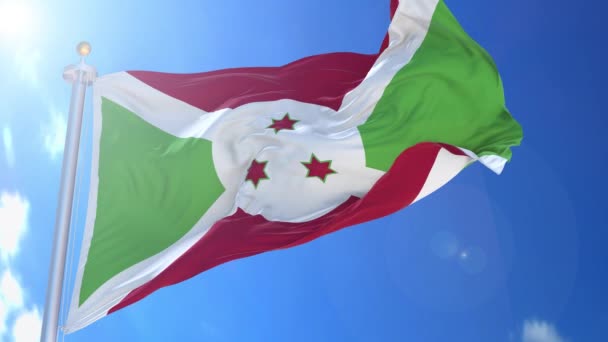 Burundi Bandera Animada Viento Con Cielo Azul Fondo Pantalla Verde — Vídeo de stock