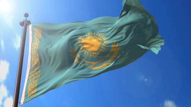 Казахстанский Анимированный Флаг Ветру Голубым Небом Фоне Зеленым Экраном Синим — стоковое видео