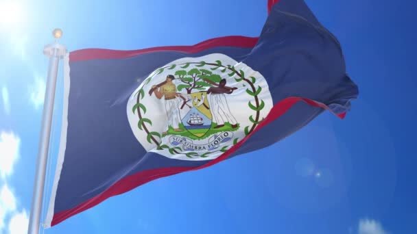 Belize Animovaná Vlajka Větru Modrou Oblohou Pozadí Zelená Obrazovka Modrá — Stock video