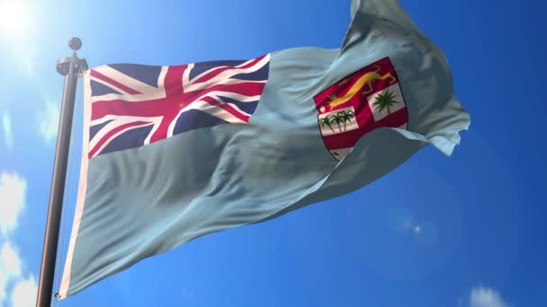 Fiji Geanimeerde Vlag Wind Met Blauwe Lucht Achtergrond Groen Scherm — Stockvideo