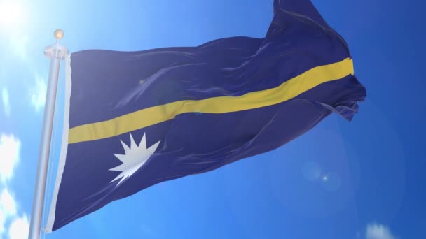 Науру Анимированный Флаг Ветру Голубым Небом Фоне Зеленый Экран Синий — стоковое видео