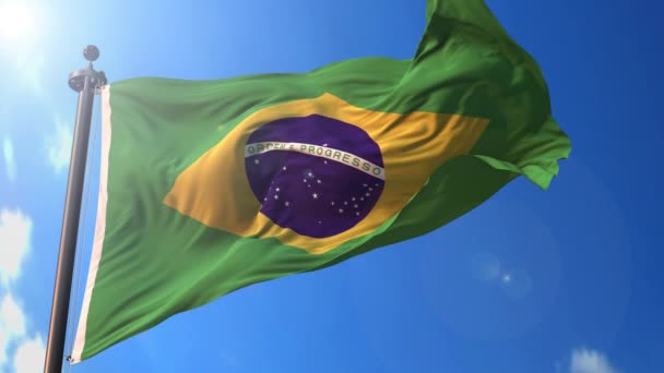 Βραζιλία Κινούμενη Σημαία Στον Άνεμο Μπλε Ουρανό Στο Παρασκήνιο Πράσινη — Αρχείο Βίντεο