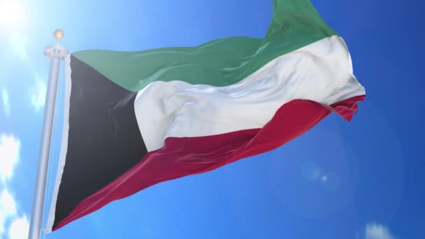 Kuwait Animerad Flagga Vinden Med Blå Himmel Bakgrunden Grön Skärm — Stockvideo