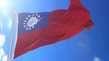 Myanmar Burma 'nın canlandırılmış bayrağı rüzgârda, arka planda mavi gökyüzü, yeşil ekran, mavi ekran veya izole arkaplan ve arka plandaki bayrak hepsi tek bir hareketli bayrak paketinde.