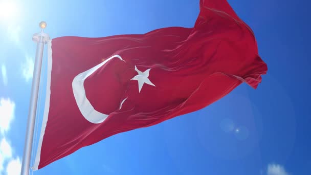Türkei Animierte Flagge Wind Mit Blauem Himmel Hintergrund Grüner Bildschirm — Stockvideo