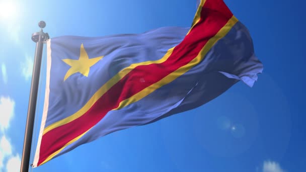 Democratische Republiek Congo Geanimeerde Vlag Wind Met Blauwe Lucht Achtergrond — Stockvideo