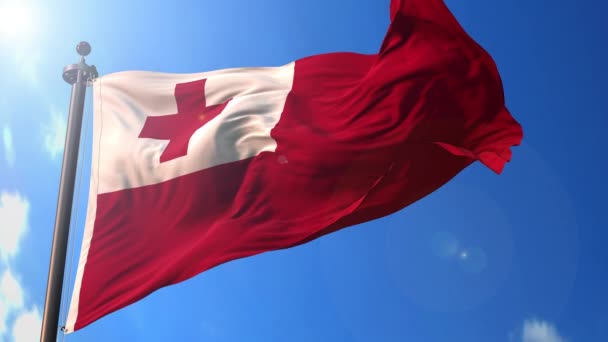 Tonga Animated Σημαία Στον Άνεμο Μπλε Ουρανό Στο Παρασκήνιο Πράσινη — Αρχείο Βίντεο