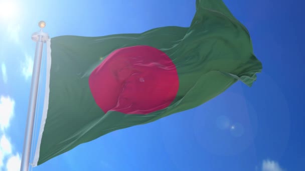 Бангладеш Анимированный Флаг Ветру Голубым Небом Фоне Зеленый Экран Синий Лицензионные Стоковые Видео