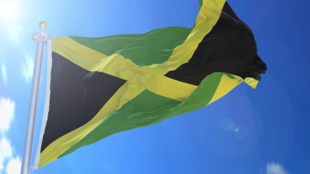 Bandiera Giamaicana Animata Nel Vento Con Cielo Blu Sullo Sfondo Video Stock