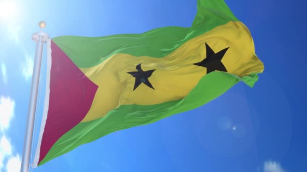 Santo Tomé Príncipe Bandera Animada Viento Con Cielo Azul Fondo Video de stock