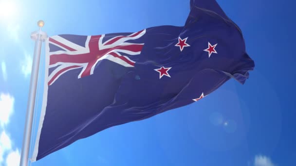 Новая Зеландия Анимированный Флаг Ветру Голубым Небом Заднем Плане Зеленый Лицензионные Стоковые Видеоролики