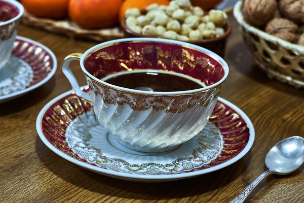 Çay Kaşığı Çay Kaşığı Çay Tabağı Ile Klasik Kahve Fincanı — Stok fotoğraf