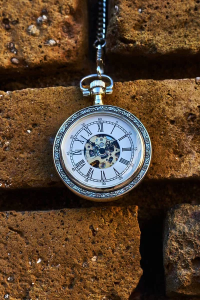 Vintage Pocket Watch Yellow Brick Wall — 스톡 사진